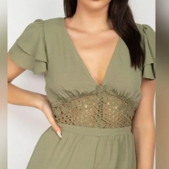 Haute Monde Pistachio Cap Flutter Sleeve Wide Leg Crochet Midriff Jumpsuit S - Picture 3 of 14